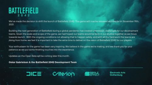 EA确认《战地2042》将跳票：延期到11月19发售