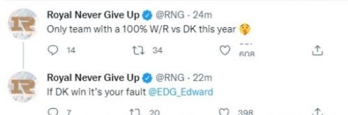 RNG官推疑开团EDG:今年唯一100%赢DK的是我,如果DK赢了就是你的错