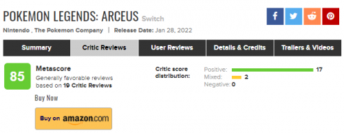 《宝可梦传说：阿尔宙斯》获大部分媒体好评 Metacritic均分85分