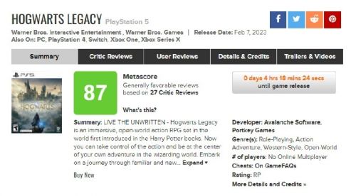 《霍格沃茨之遗》媒体评分解禁：MC 均分 87 分，IGN 9 分，暂无差评